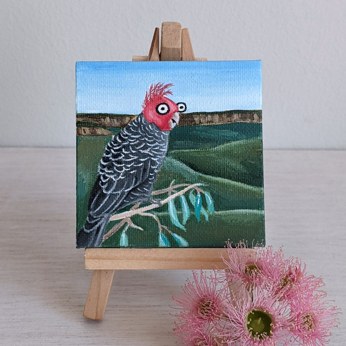 Gang Gang Cockatoo miniature acrylic painting, with wooden stand.