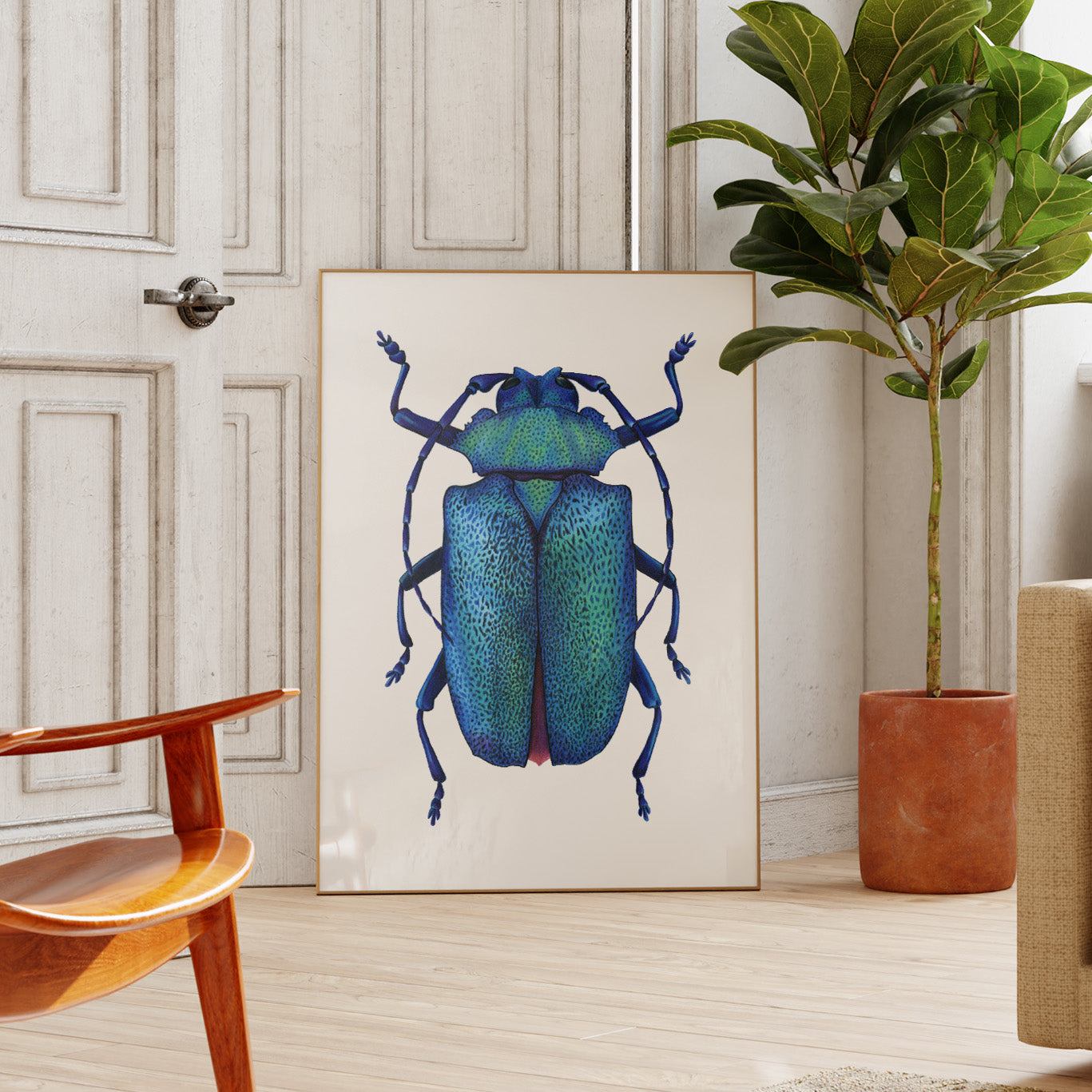 blue longhorn cerambycid beetle art print