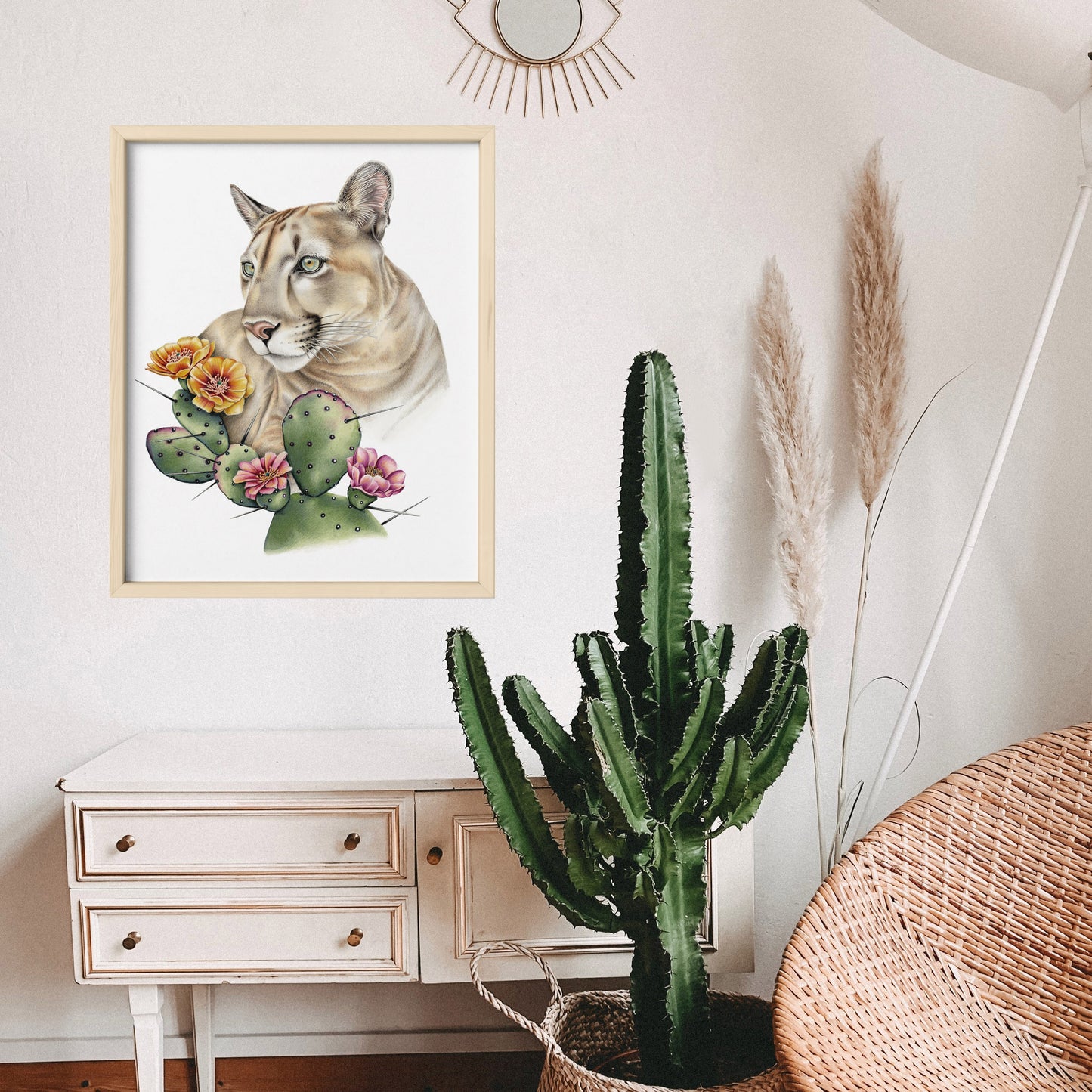 mountain lion art print in boho style room