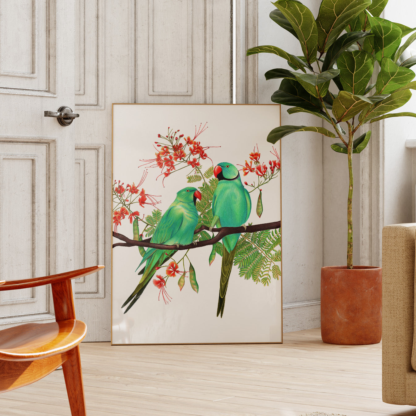 Rose-ringed parakeets in a flame tree art print