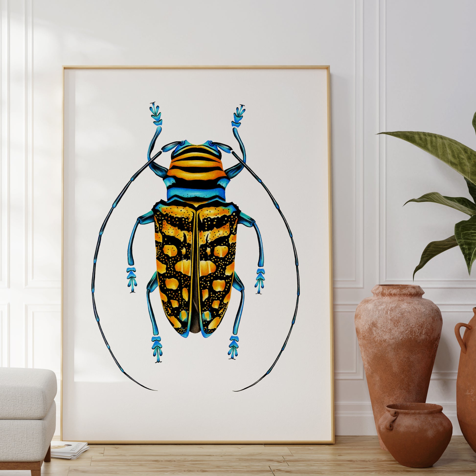 Yellow longhorn beetle Cerambycidae print
