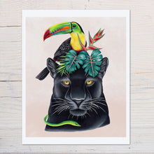 Load image into Gallery viewer, Hand drawn pencil art of black jaguar with toucan and tropical plants by Rachel Diaz-Bastin. Prints available.
