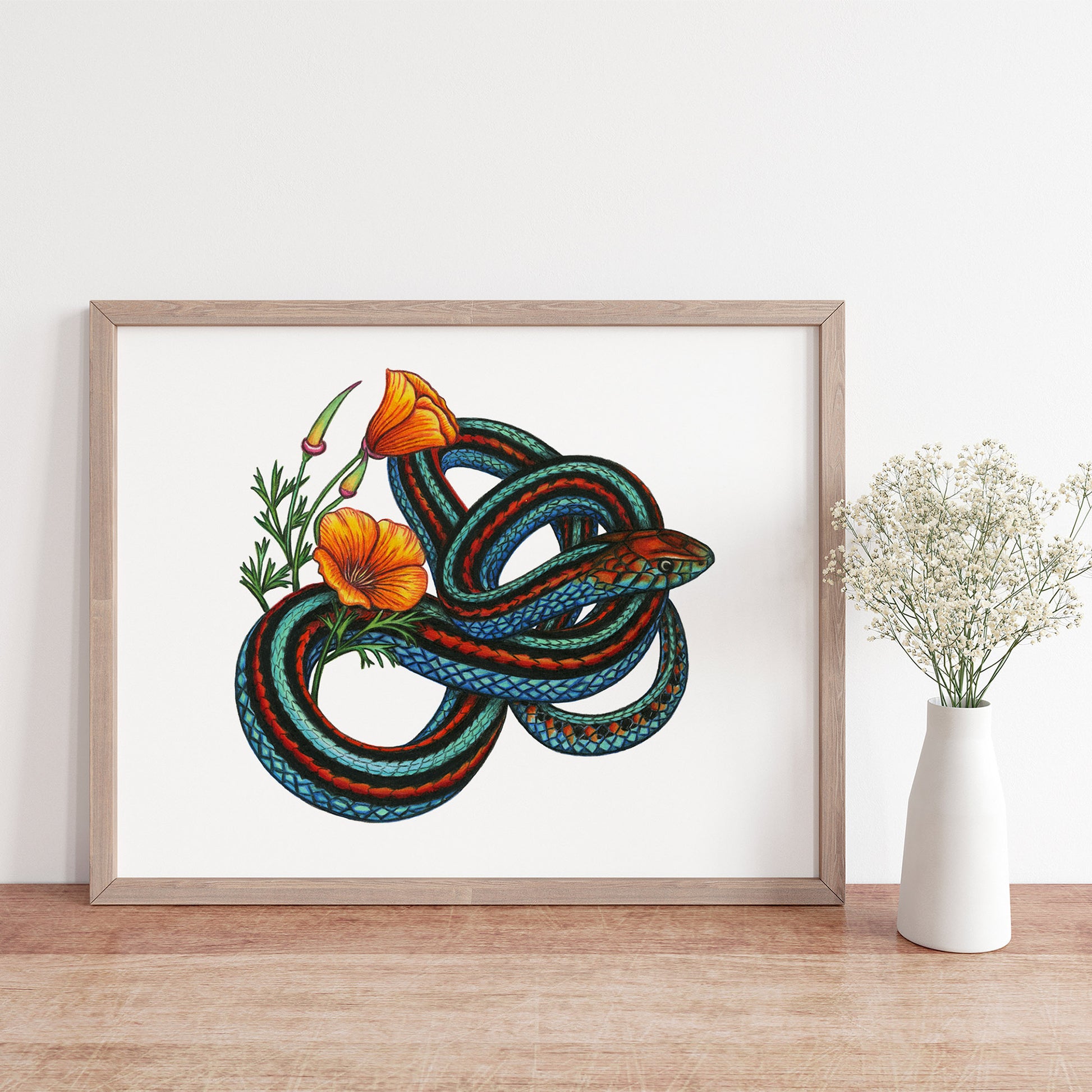 Hand drawn pencil art of a San Francisco garter snake and California poppy by Rachel Diaz-Bastin. Prints available.