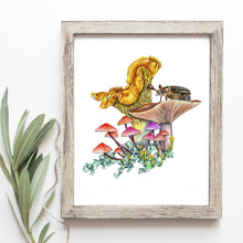 Load image into Gallery viewer, Hand drawn pencil art of mushrooms and June beetle by Rachel Diaz-Bastin. Prints available.
