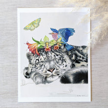 Load image into Gallery viewer, Hand drawn pencil art of snow leopard with bird and orchids by Rachel Diaz-Bastin. Prints available.
