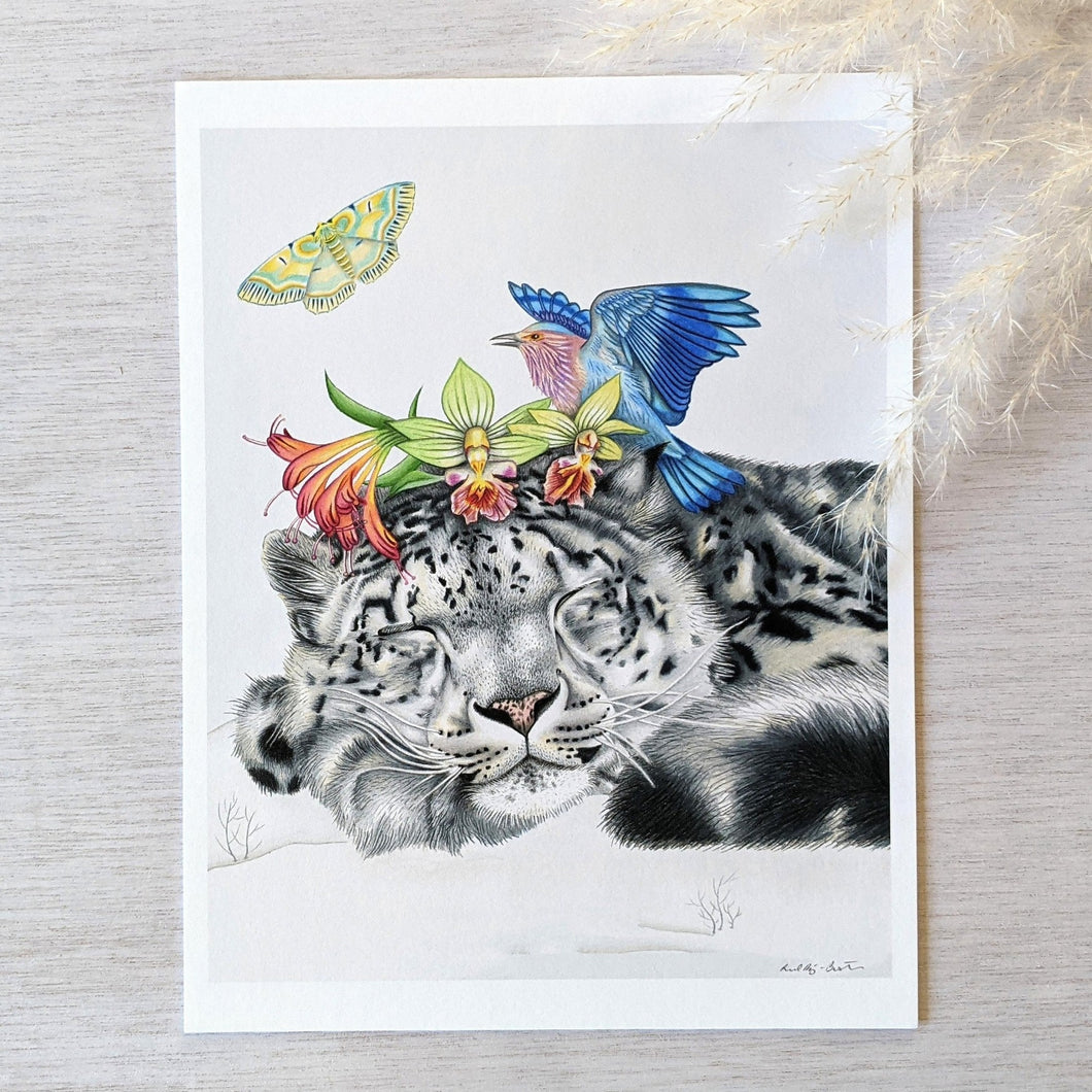 Hand drawn pencil art of snow leopard with bird and orchids by Rachel Diaz-Bastin. Prints available.