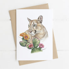 Load image into Gallery viewer, Greeting card blank inside printed with Mountain lion and Opuntia blossom design by Rachel Diaz-Bastin Art
