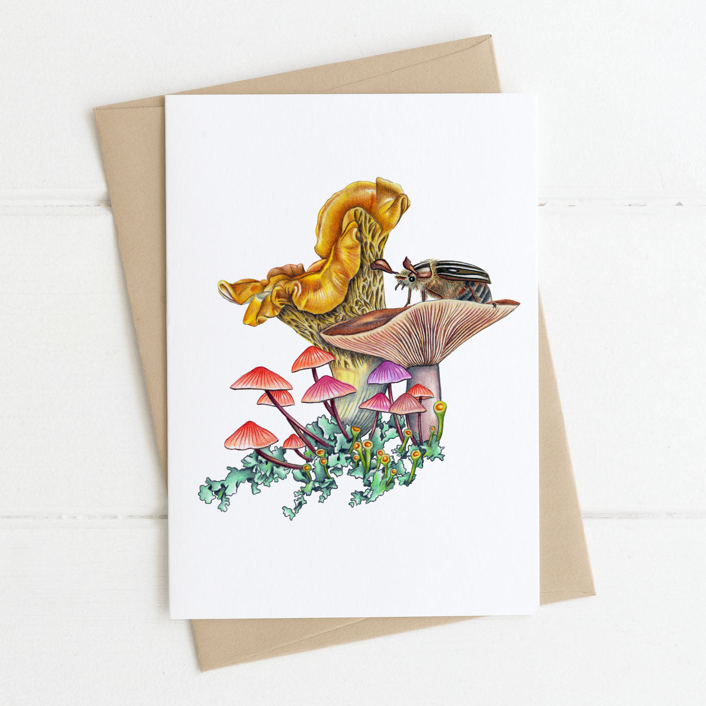 Greeting card blank inside printed with mushroom design by Rachel Diaz-Bastin Art, California native animal
