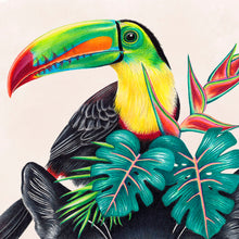 Load image into Gallery viewer, Hand drawn pencil art of black jaguar with toucan and tropical plants by Rachel Diaz-Bastin. Prints available. 
