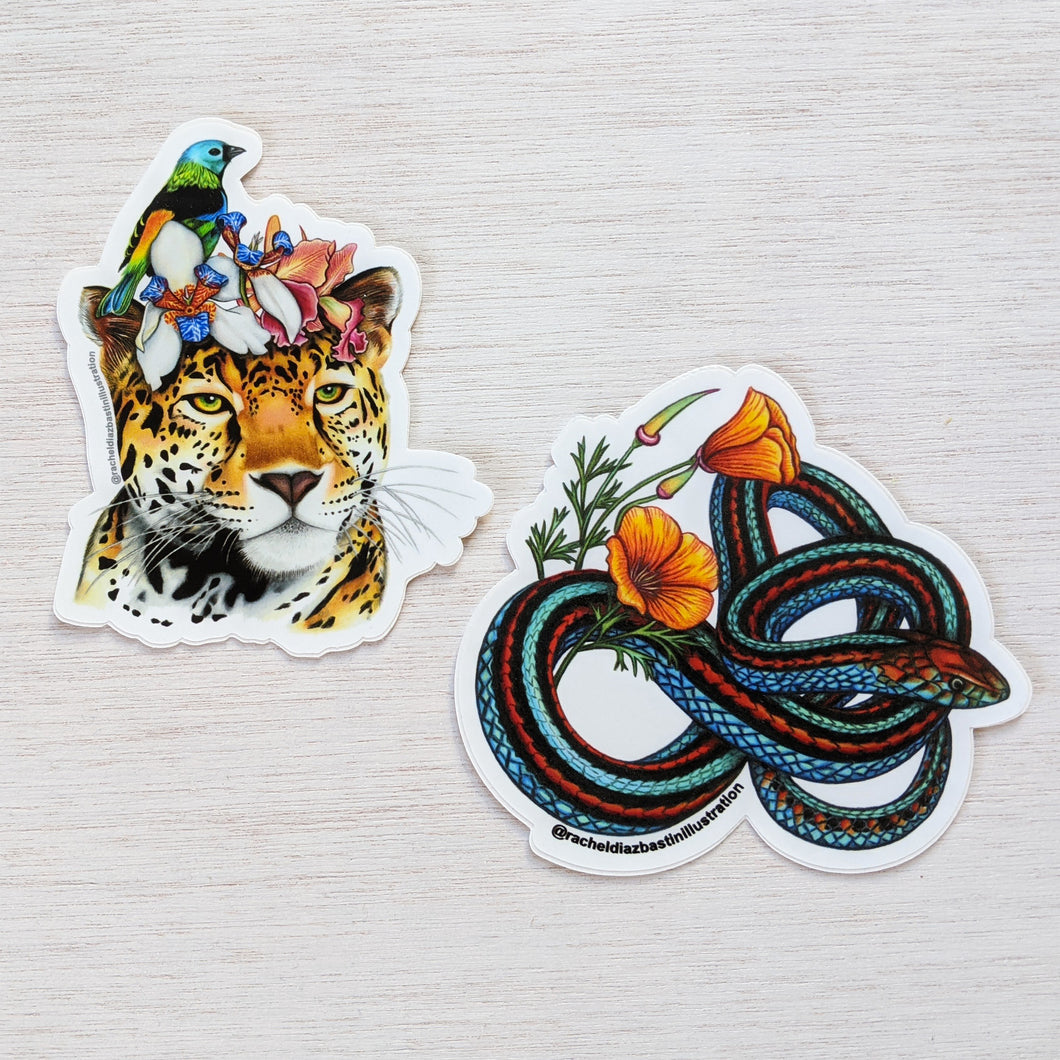 Hand drawn pencil art stickers of Frida Kahlo Jaguar and San Francisco Garter snake illustrations.